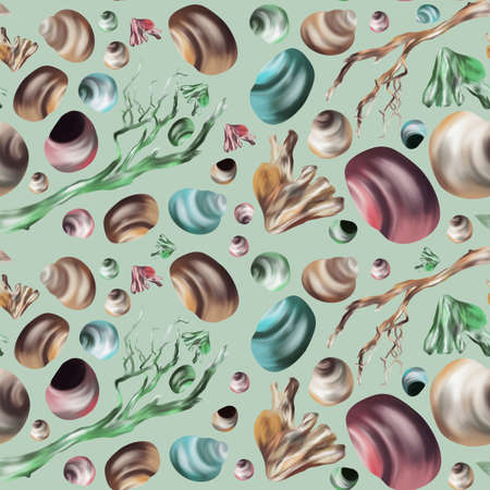 Seamless pattern with multicolored seashells and snags on a green background.の写真素材