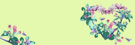 Blossoming branches of apple and lilac and insects on a green background. Blooming heart. Bees and ladybugs. Spring banner. Copy space.の写真素材