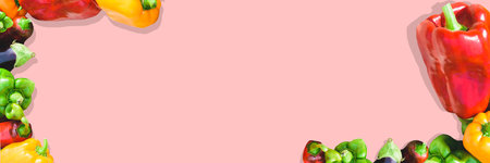 Banner with peppers and eggplants. Vegetables on a pink background. Autumn harvest. Copy space.の写真素材