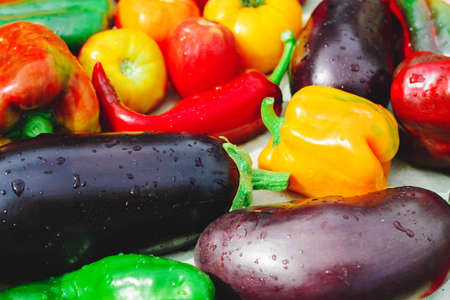 Peppers, eggplant and tomatoes with water drops on a white background. Colorful vegetable background. Autumn harvest from the garden. Healthy food.の写真素材