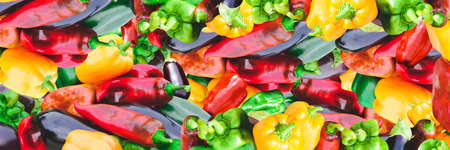Banner with peppers and eggplants. Colorful vegetable background. Autumn harvest from the garden. Healthy food.の写真素材