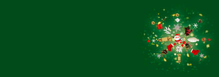 Christmas banner with santa claus, gifts, snowflakes, golden cones and candies and berries....