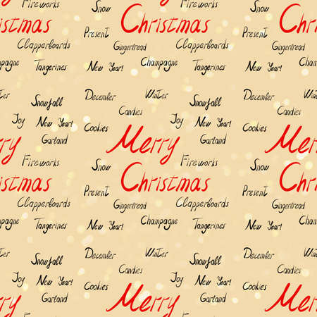 Christmas seamless pattern. Red and black lettering on a beige background with bokeh.の写真素材