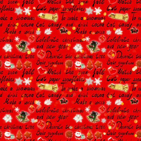Christmas seamless pattern. Gold candies, santa claus, snowflakes, bells and black lettering on a red background with bokeh.の写真素材