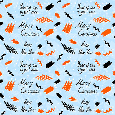 Christmas seamless pattern. Black and orange spots and inscriptions on a blue background. The year of the tiger is 2022.の写真素材