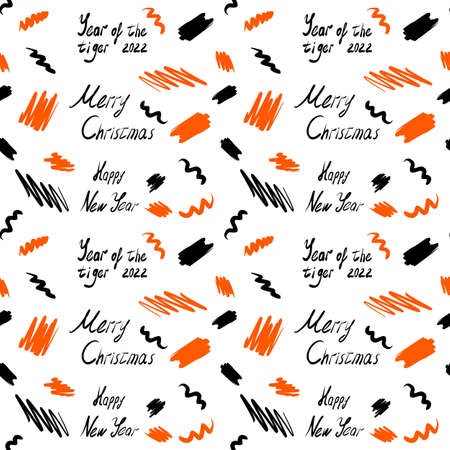 Christmas seamless pattern. Black and orange spots and inscriptions on a white background. The year of the tiger is 2022.の写真素材