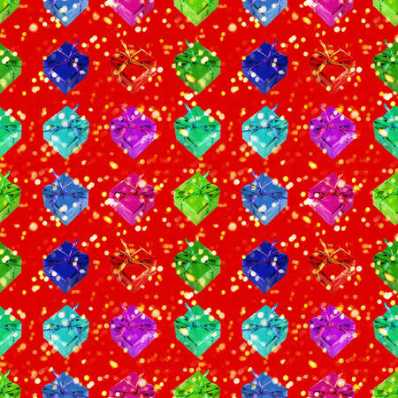 Festive seamless pattern with colorful gifts on a red background with bokeh.の写真素材