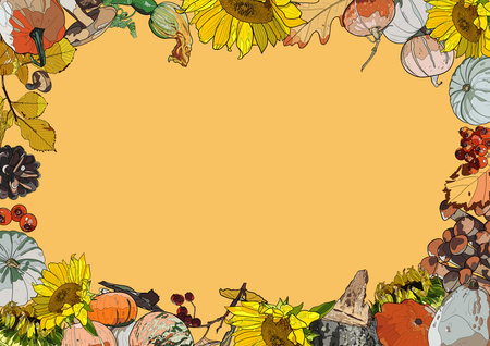Frame from pumpkins, mushrooms, berries and leaves on a yellow background. Copy space. Autumn illustration. Natural background.の写真素材