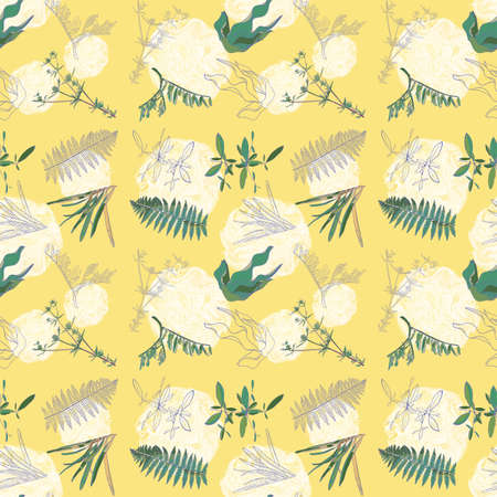 Natural seamless pattern with leaves. green leaves on a yellow background. outline drawing.の写真素材