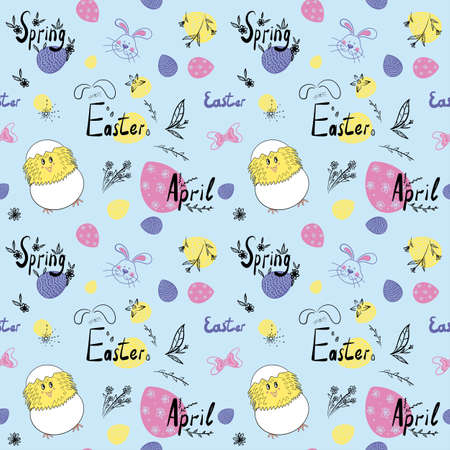 Chicken, rabbit, easter eggs and lettering on a blue background. Easter seamless pattern.の写真素材
