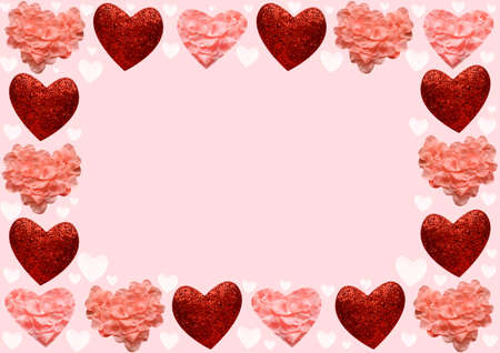 Festive card for Valentine's Day. Red and pink hearts on a pink background. copyspace. Frame from hearts.の写真素材