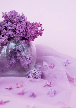 Flat lay composition with lilac. Beautiful background for postcards. The concept of the holiday. Selective focusの写真素材