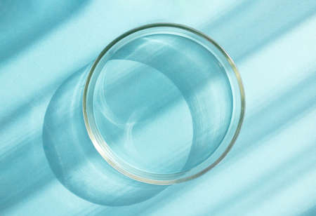 empty glass petri dish on a blue background with rays of sunlightの写真素材