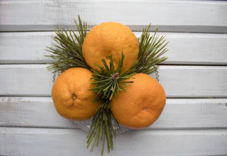 three ripe juicy tangerines in a round plate, with green fir branches, on a white wooden background, top viewの写真素材