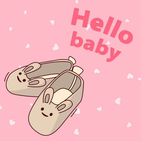 Cute pink newborn baby gift card with the phrase hello baby and bootiesのイラスト素材