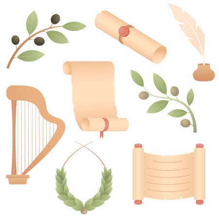 A set of historical things of the ancient world in bright colors:: several scrolls, harp, olive branch, laurel wreath, feather for writing.のイラスト素材