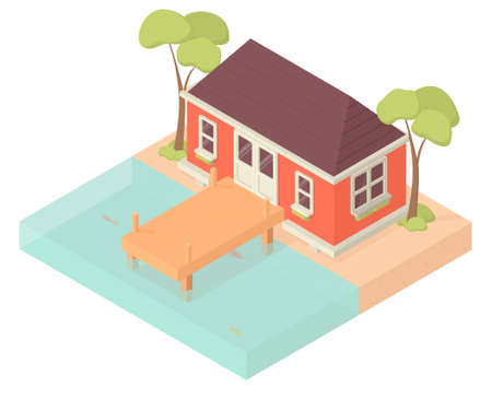 Isometric lake house with a platform in the water.のイラスト素材