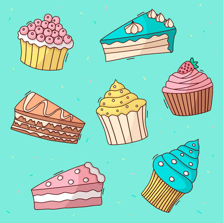 The pieces are decorated with cream, berries, cream, decorative sprinkles.のイラスト素材