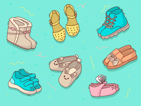 Set of cartoon children's shoes of different colors on a mint backgroundのイラスト素材