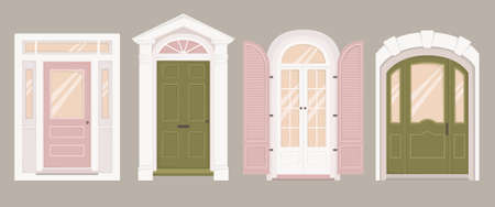 Two green doors and two pink doors of different shapes and sizesのイラスト素材