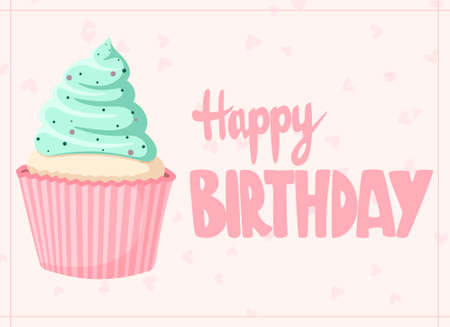 Birthday gift card with delicious cream cupcakes on a delicate pink backgroundのイラスト素材