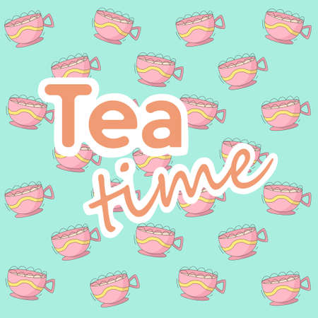 Pattern with mint tea cups with the inscriptionのイラスト素材