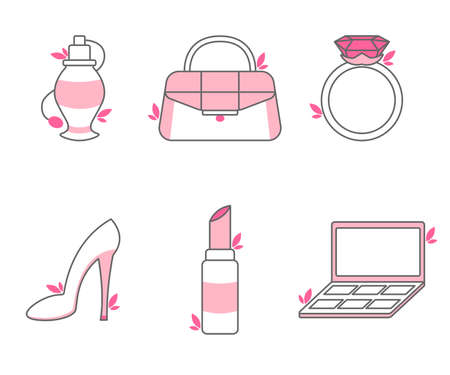 Icon set of female beauty accessories in pink colors: perfume, women bag, diamond ring, stilettos, lipstick, eyeshadow palette.のイラスト素材