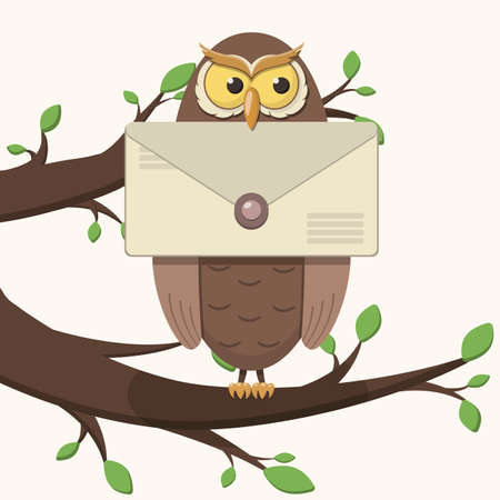 A cartoon owl sits on a branch with leaves, holds a sealed letter in its beak.のイラスト素材