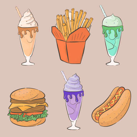 Set of illustrations of fast food: milkshakes, burger, hot dog, french fries.のイラスト素材