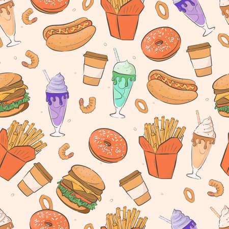 Cartoon seamless pattern with fast food and milkshakes.のイラスト素材