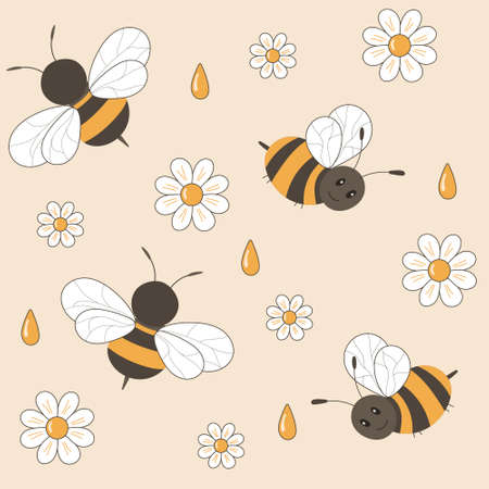 Vector image seamless cartoon pattern with wasps and bees, flowers camomiles and drops of honey.のイラスト素材