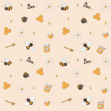 Vector image seamless pattern with funny flying bees, daisies and drops of honey, honey spoon, jars and mugs with honey.のイラスト素材