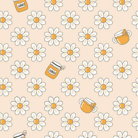 Vector image of a seamless cartoon pattern of daisies and jars of honey.のイラスト素材