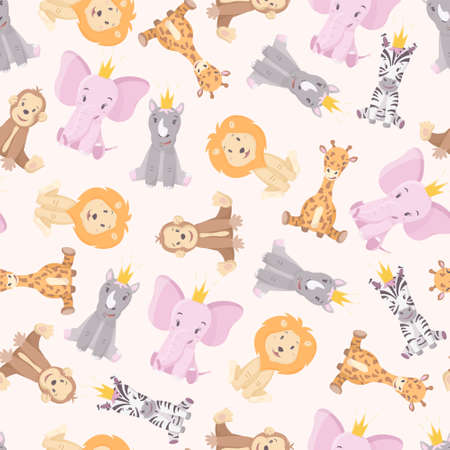 Vector illustration pattern with cartoon wild African multicolored animals: lion, monkey, zebra, rhino, elephant, giraffe.のイラスト素材