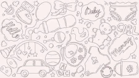 Vector illustration of cartoon baby pattern with things for a newborn.のイラスト素材