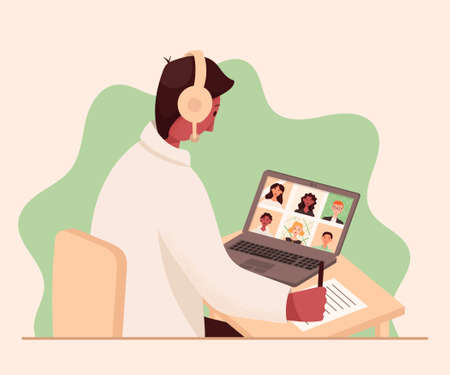 Vector illustration of a male teacher conducting an online meeting or lesson on the Internetのイラスト素材