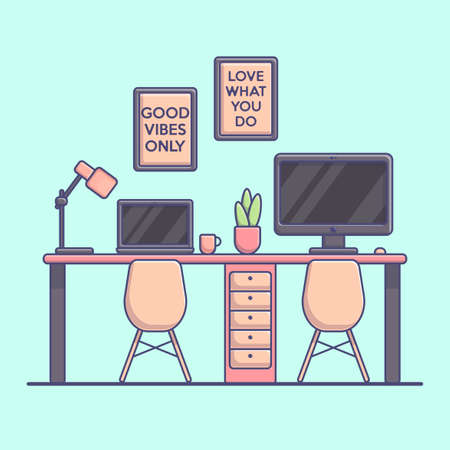Vector flat illustration of home interior with work table, computer, desk lamp.のイラスト素材