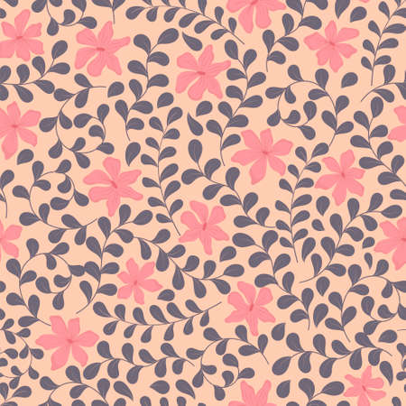 Vector illustration of a seamless floral pattern for background curved twigs with leaves and delicate flowers.のイラスト素材