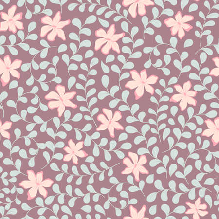 Vector illustration of a seamless floral pattern for background curved twigs with leaves and delicate flowers.のイラスト素材