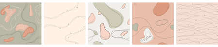 Vector illustration set of five isolated seamless patterns backgrounds. Doodle objects, hand drawn lines, pastel colorl.のイラスト素材