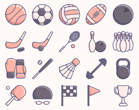 Vector illustration set of icons of sports accessories of different types. Flat style sports equipment.のイラスト素材