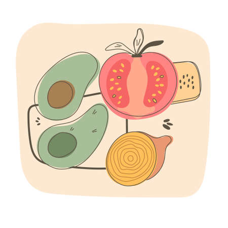 Vector doodle illustration of colored vegetables avocado, tomato and onion with soft flowers and abstract geometric shapes on the background.のイラスト素材