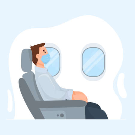 Vector flat cartoon illustration of a traveling man in a plane after the coronavirus in a mask sits in front of the porthole.のイラスト素材