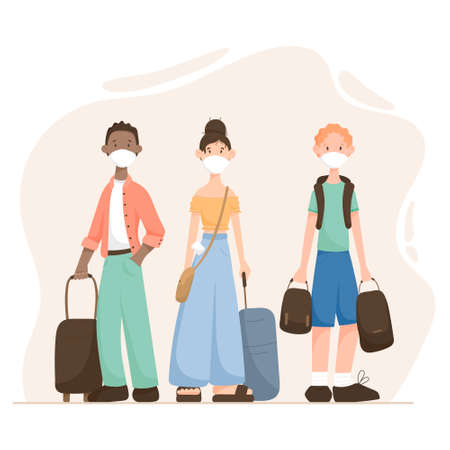 Vector illustration of cartoon modern flat people man and woman travel with suitcases and medical masks on their faces.のイラスト素材