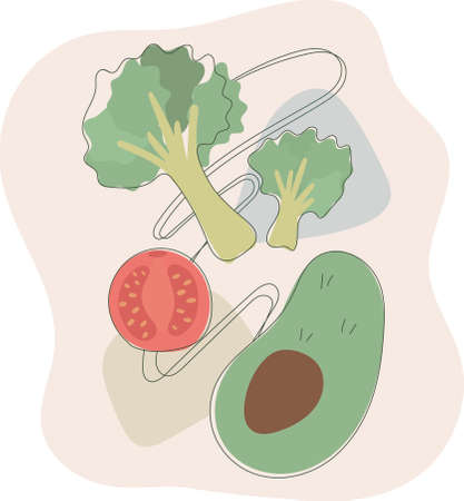 Vector doodle illustration of colored vegetables avocado, tomato and broccoli with soft colors and geometric shapes on the background.のイラスト素材