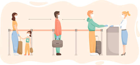 Vector illustration people men women and child waiting for boarding or check-in at the airport in a queue with a distance in a pandemicのイラスト素材