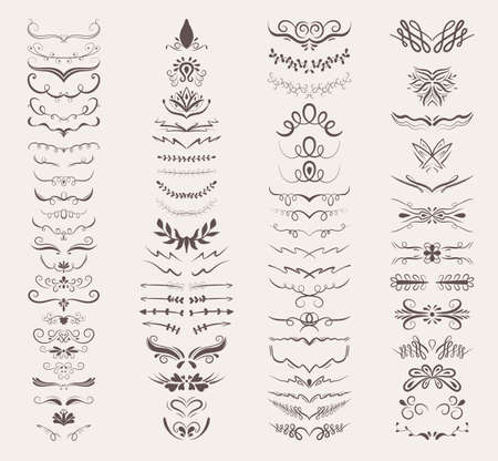 Large set of 76 vector decorative elements. Borders, frames, brackets, rosettes of various shapes for decoration. Old style lines and calligraphic elements for logos, weddings, menus, restaurants.のイラスト素材