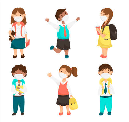 Cartoon vector set of cute children, school kids in medical masks during a pandemic. Smiling pupils with books and backpacks.のイラスト素材