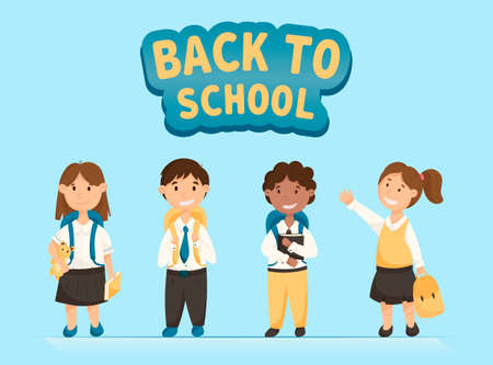 Cartoon vector set of children. Pupils with books and backpacks smiling. Back to school banner.のイラスト素材