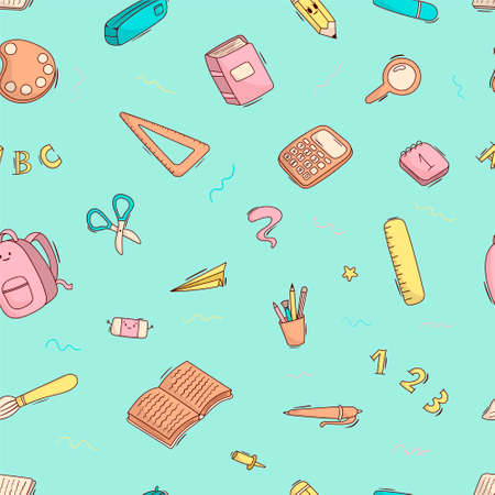 Vector seamless cartoon doodle pattern school and school supplies, stationery, books, backpacks, school bus. Bright colours.のイラスト素材